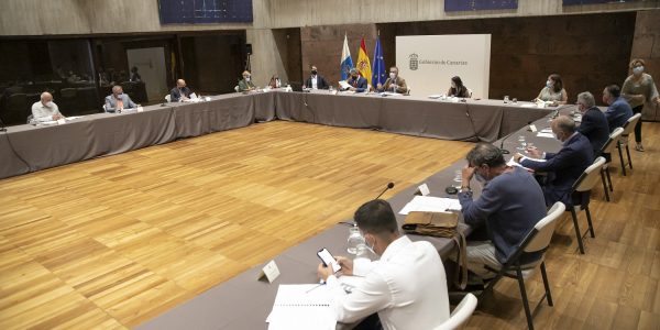 Antonio Olivera, a la derecha de Román Rodríguez, en la reunión de seguimiento del plan Reactiva Canarias el pasado 22 de febrero | GOBIERNO DE CANARIAS