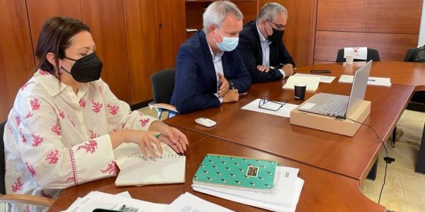 Chano Franquis (centro) reunido con la directora del Instituto Canario de la Vivienda, el gerente de Visocan y, por videoconferencia, representantes del Cabildo de La Palma ayer | CONSEJERÍA DE OBRAS PÚBLICAS DEL GOBIERNO DE CANARIAS