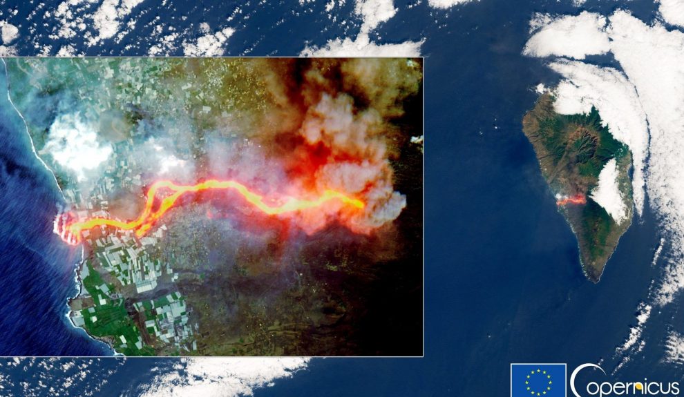 Imagen de la erupción captada por uno de los satélites del programa de vigilancia Copernicus ayer | DIRECCIÓN GENERAL DE INDUSTRIA ESPACIAL DE LA UNIÓN EUROPEA