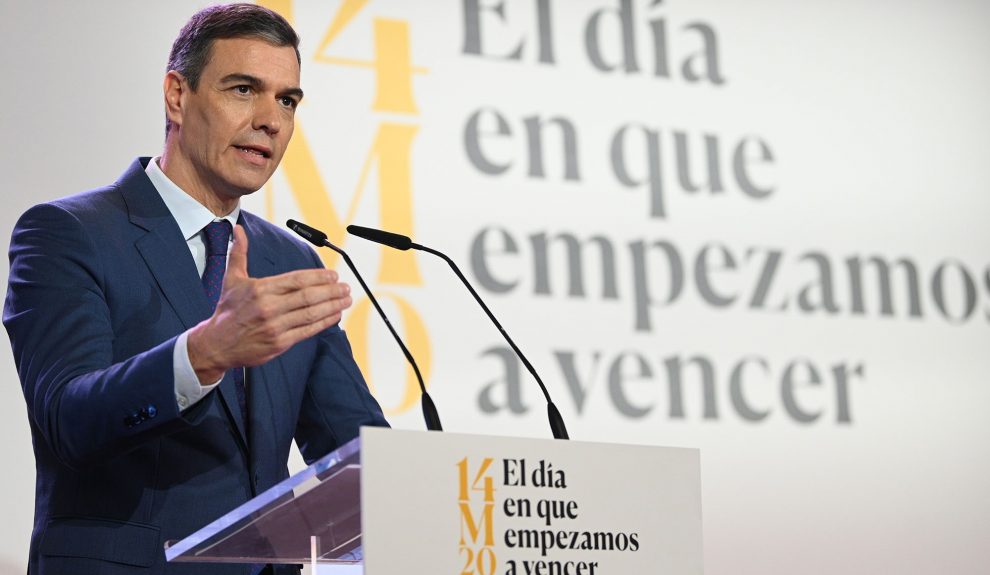 El presidente del Gobierno, Pedro Sánchez, durante su intervención en el acto '14M. El día en que empezamos a vencer' | Foto Borja Puig - Moncloa